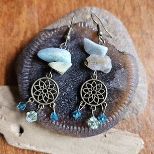 Handmade Boho Dangle Earrings Turquoise Amazonite Chips and Amber Glass Crystals
